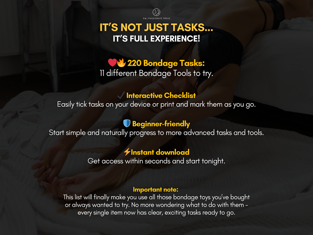 220 Bondage Tasks product feature graphic showing 11 bondage tools, interactive checklist, beginner-friendly progression, and instant download