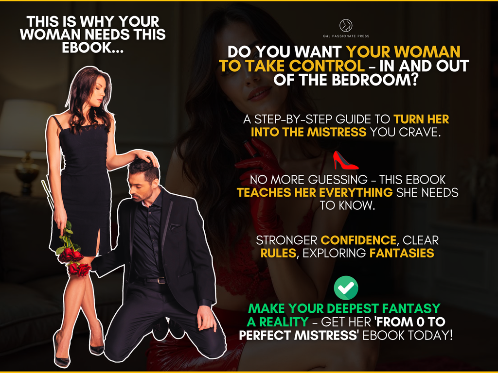 Guide to Become a Mistress sales graphic explaining how the ebook helps a woman build confidence, rules, fantasies, and control