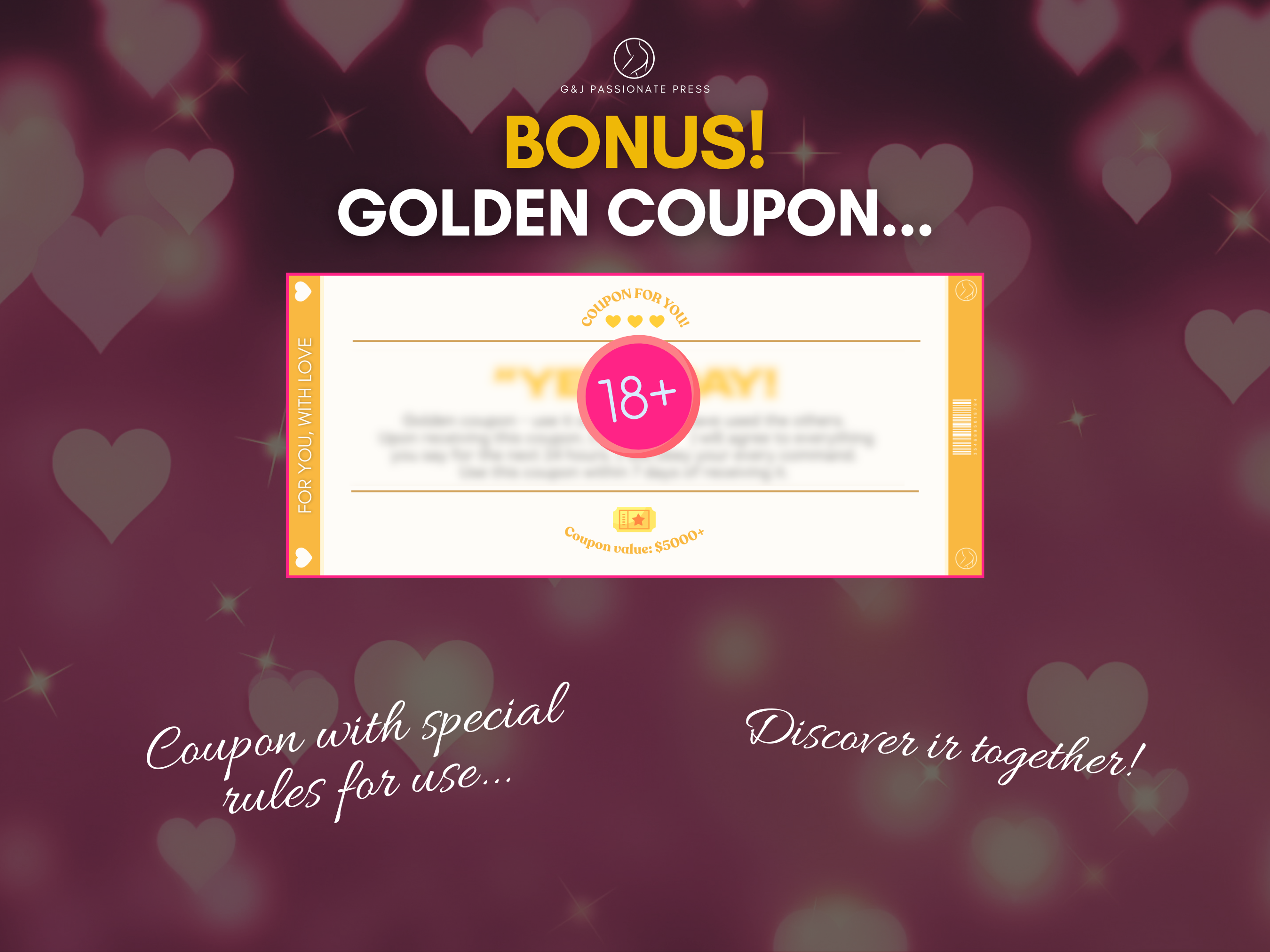 Bonus golden coupon graphic with a blurred 18+ coupon preview on a pink romantic heart background