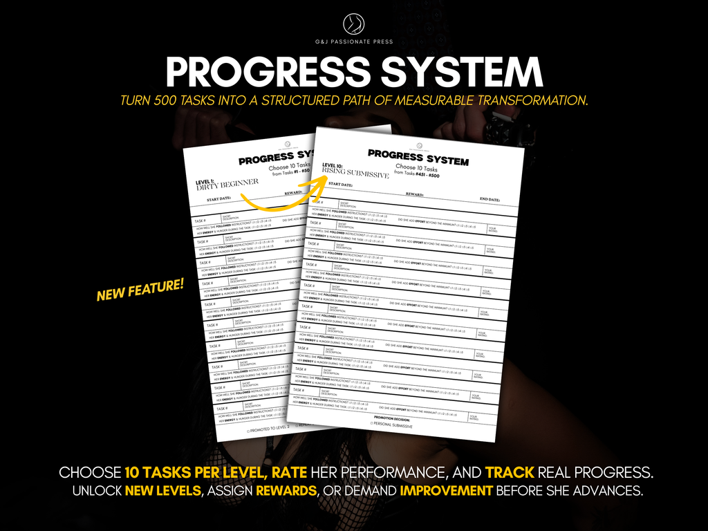 500 BDSM Tasks for Beginners progress system preview showing printable level sheets to track tasks, ratings, rewards, and advancement