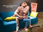 Naughty board sex game sample challenge showing an adult couple kissing with a Passionate Kissing activity card