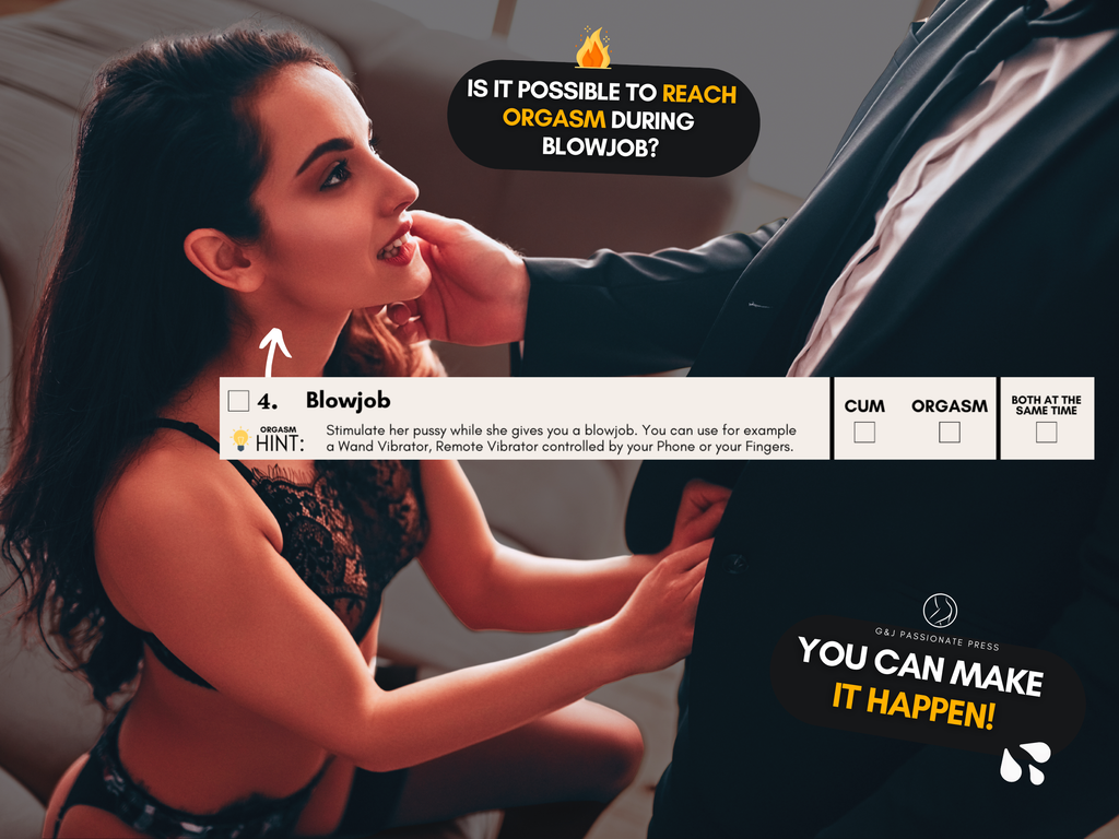 Cum and Orgasm Bucket List sample challenge showing a blowjob activity with orgasm tracking boxes for couples