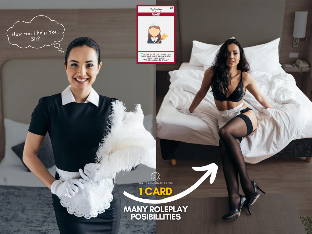 Sex Roleplay Cards preview showing a maid roleplay card with one card creating multiple roleplay possibilities for couples