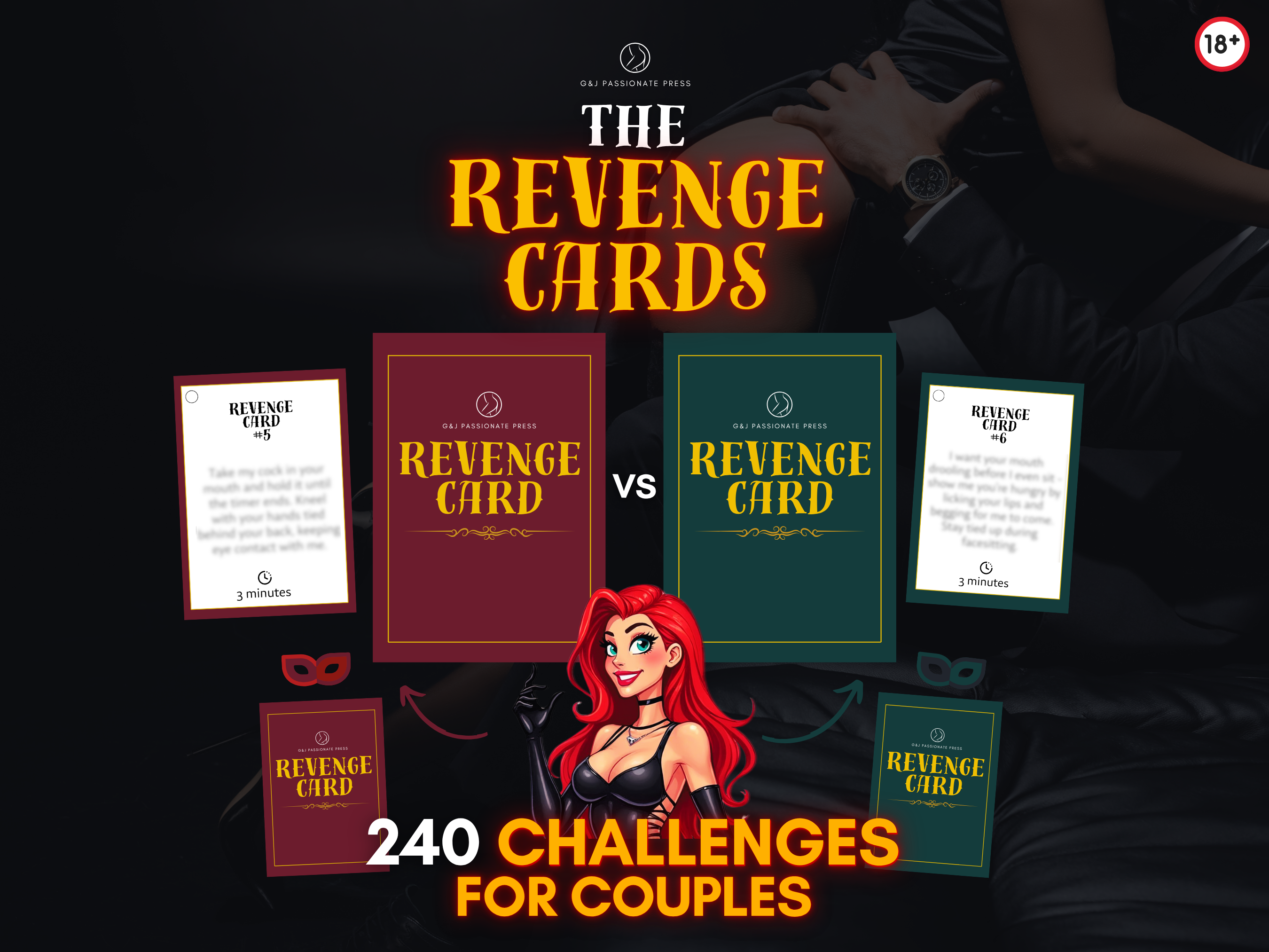Revenge Cards product overview showing 240 challenges for couples with two card decks
